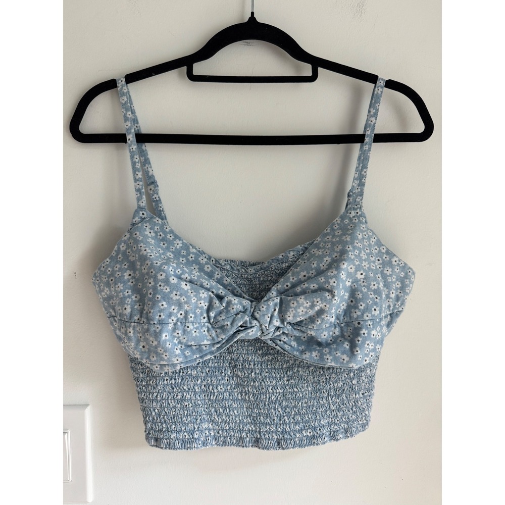 American Eagle Blue Floral Smocked Crop Top Tie Front Cami NEW L